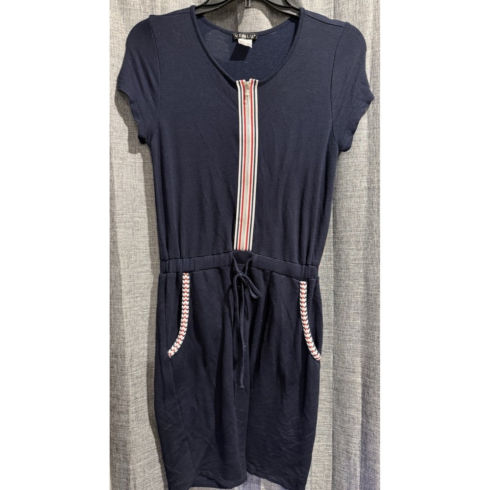 Venus Navy Blue Lounge Dress Front Zip Pullover Drawstring Pockets Woman's XS